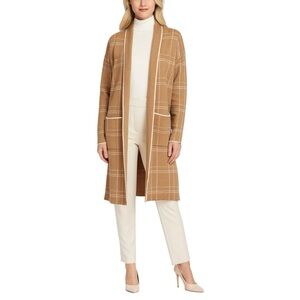 ELLEN TRACY Long Camel Cream Open Front Sweater Jacket Cardigan Coat Plaid Sz S